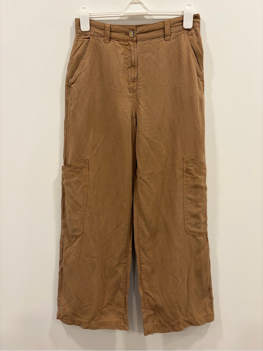 Next Petite Wide Leg Cargo Pants US 8P Brown Tencel Linen Trouser